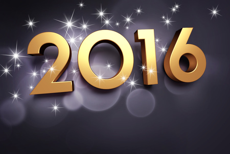 Gold 2016 year type on a shiny black backgroundの写真素材