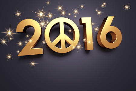 Gold 2016 year type with peace and love symbol on a black backgroundの写真素材