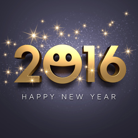 Gold 2016 year type with a smiley symbol on festive black backgroundの写真素材