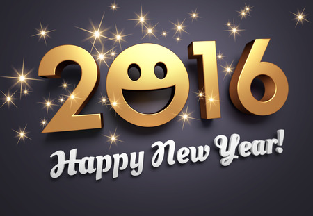 Gold 2016 year type with a smiley symbol on festive black backgroundの写真素材