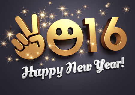 Gold 2016 year type with a smiley symbol and V sign on festive black backgroundの写真素材