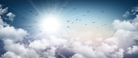Stormy sky background, sunlight through white clouds and birds flying awayの写真素材