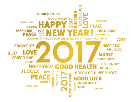 Gold greeting words around 2017 year type isolated on whiteのイラスト素材