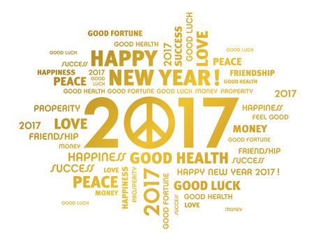 Gold greeting words around 2017 year type with peace symbol isolated on whiteのイラスト素材