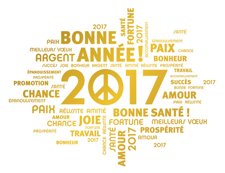 Gold greeting French words around 2017 year type with peace symbol isolated on whiteのイラスト素材