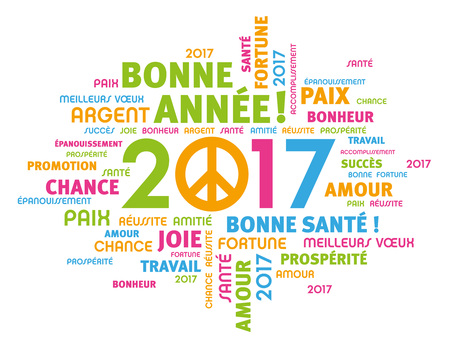 Colorful greeting French words around 2017 year type with peace symbol isolated on whiteのイラスト素材