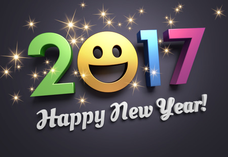 Colorful 2017 year type with a smiley symbol on a festive black background - 3D illustrationの写真素材