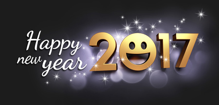 Gold 2017 year type with a smiley symbol on a festive black background - 3D illustrationの写真素材
