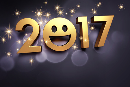 Gold 2017 year type with a smiley symbol on a festive black background - 3D illustrationの写真素材