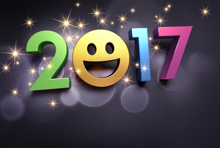 Colorful 2017 year type with a smiley symbol on a festive black background - 3D illustrationの写真素材