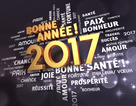Greeting words in french language around gold 2017 year type, on a festive black background - 3d illustrationの写真素材