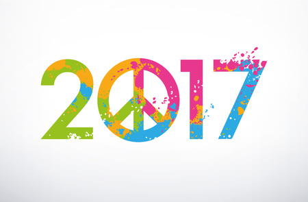 New Year 2017 date with the peace and love symbol, painted with colorful stainsの写真素材