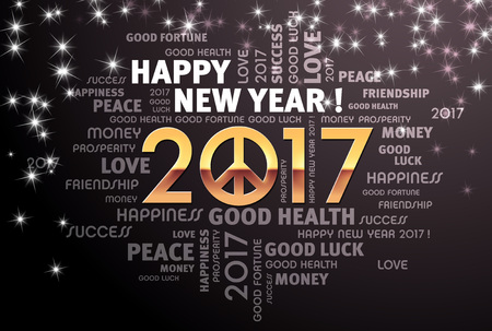 Greeting words around 2017 year type in gold with peace and love symbol on a festive black backgroundの写真素材
