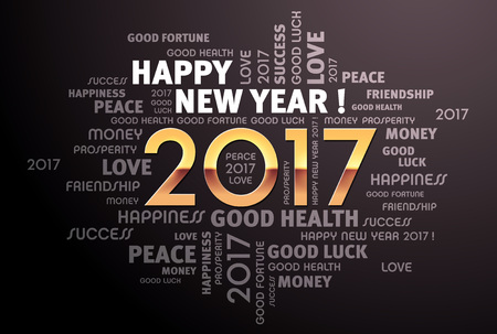 Greeting words around 2017 year type in gold on a black backgroundの写真素材