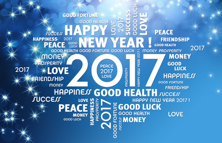 Greeting words around 2017 year type on a festive blue backgroundの写真素材