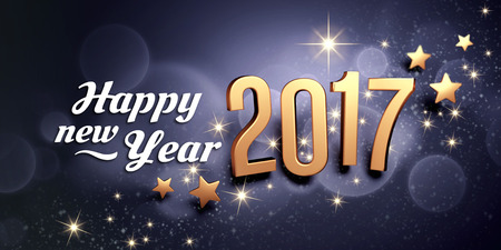 Gold 2017 year type and greetings on a bright festive black background - 3D illustrationの写真素材