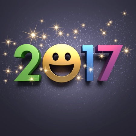 Colorful 2017 year type with a smiley symbol on a festive black background - 3D illustrationの写真素材