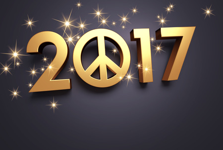Gold 2017 year type with peace and love symbol on a festive black background - 3D illustrationの写真素材
