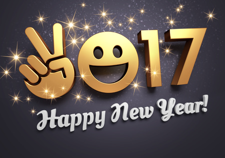 Gold 2017 year type with a smiley symbol on a festive black background - 3D illustrationの写真素材