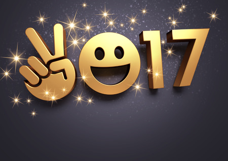 Gold 2017 year type with a smiley symbol on a festive black background - 3D illustrationの写真素材