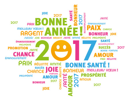 Colorful greeting french words around 2017 year type with a smiling face, isolated on whiteのイラスト素材
