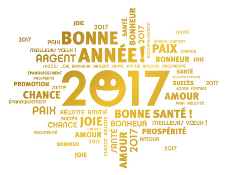 Gold greeting french words around 2017 year type with a smiling face, isolated on whiteのイラスト素材