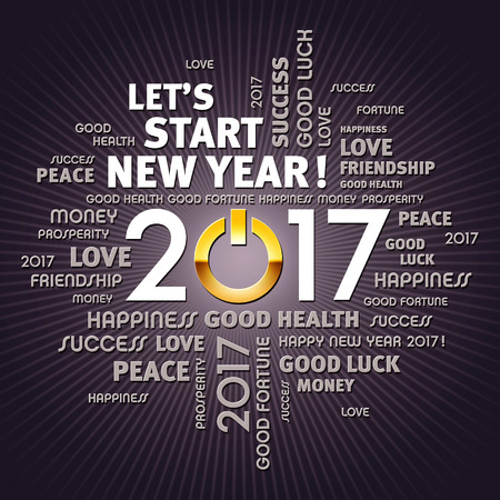 Greeting words around 2017 year type with a gold power buttonの写真素材