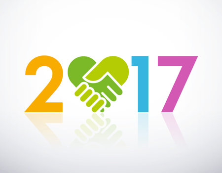 Colorful 2017 New Year type, with handshake shapes in a heart