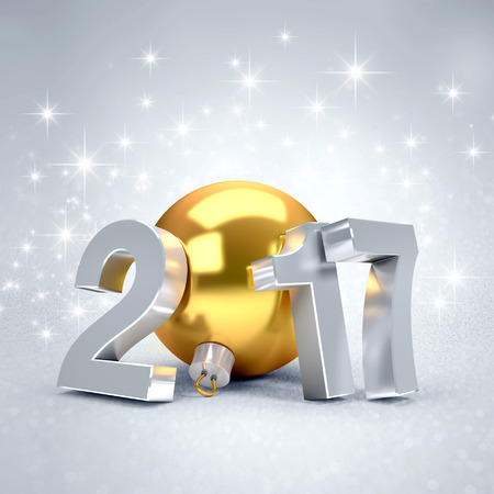 2017 New Year type with a gold christmas ball, on a glittering silver background - 3D illustrationの写真素材