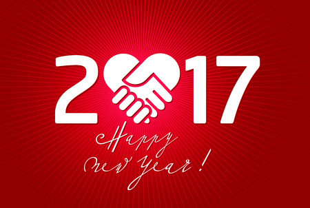 2017 New Year type on a red shiny background, with handshake shapes in a heartの写真素材