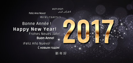 Gold 2017 New year type and greetings in different languages, on a glittering black background