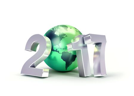 2017 New Year type composed with a green planet earth, isolated on white - 3D illustrationの写真素材