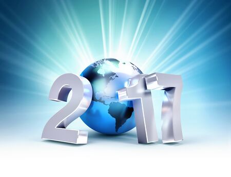 2017 New Year type composed with a blue planet earth, on a shining light background - 3D illustrationの写真素材
