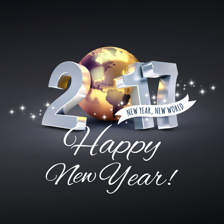 Greetings and 2017 New Year type composed with a golden planet earth, glittering on black background...