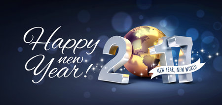 Greetings and 2017 New Year type composed with a golden planet earth, glittering on black background...