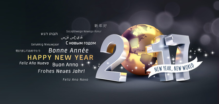International greetings and 2017 New Year type composed with a golden planet earth, glittering on black background - 3D illustrationの写真素材