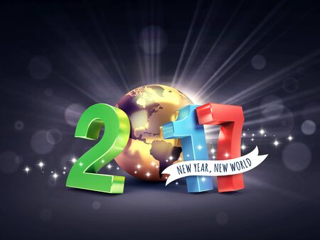 2017 New Year colorful type composed with a golden planet earth, on a glittering black background - 3D illustrationの写真素材