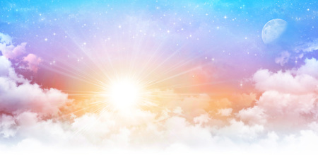 High resolution early morning sky scape. Shining sun breaking through white clouds, deep space and moonlight behind.の写真素材