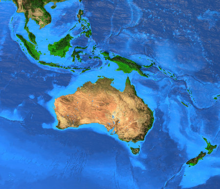 Oceania map - Australasia, Polynesia, Melanesia, Micronesia region. Detailed satellite view of the Earth and its landforms. Elements of this image furnished by NASAの写真素材