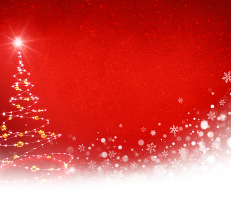 Christmas tree and white snowflakes on a festive red background - 3D illustrationの写真素材
