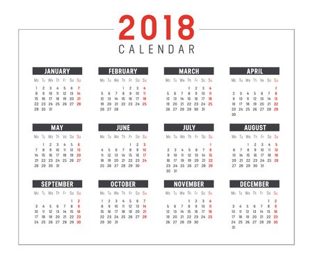 Year 2018 minimalist black and red calendar, on white background.のイラスト素材