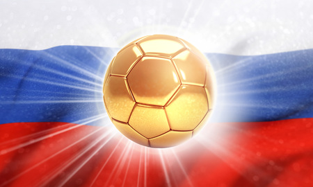Gold soccer ball shining on the flag of Russia. 2018 international soccer event. 3D illustrationの写真素材