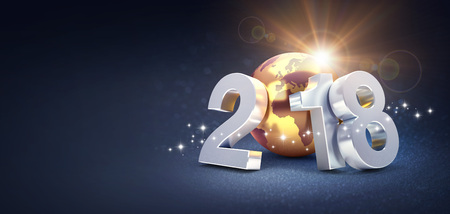2018 New Year type composed with a planet earth colored in gold, on a glittering black background - 3D illustrationの写真素材