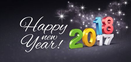 Colorful date 2018 above 2017 and Happy New Year greetings, on a festive black background, with glitters and stars - 3D illustrationの写真素材