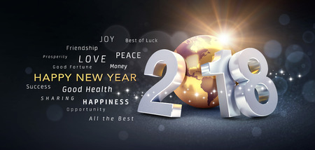 New Year date 2018 composed with a golden planet earth and greeting words - 3D illustration New Year date 2018 composed with a golden planet earth and greeting words - 3D illustration