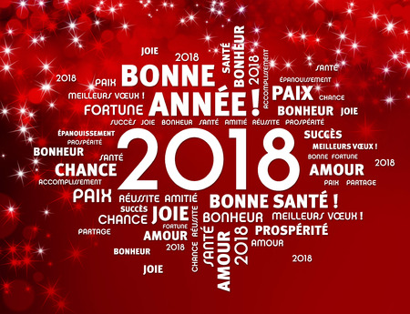 Greeting words in French around New Year date 2018, on a festive red backgroundの写真素材