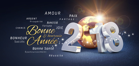 New Year date 2018 composed with a golden planet earth and greeting words in french - 3D illustrationの写真素材