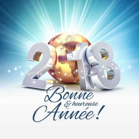 Silver New Year date 2018, composed with a gold planet earth, Greeting words in french, on a shiny blue sky background - 3D illustrationの写真素材