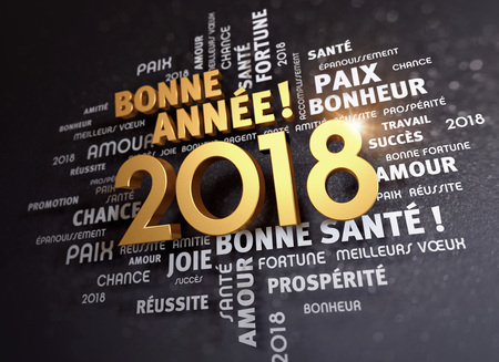 Greeting words in French around New Year date 2018, colored in gold, on a glittering black background - 3D illustrationの写真素材