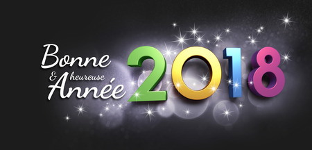 Happy New Year 2018 date and Greetings in French language, on a glittering black background - 3D illustrationの写真素材